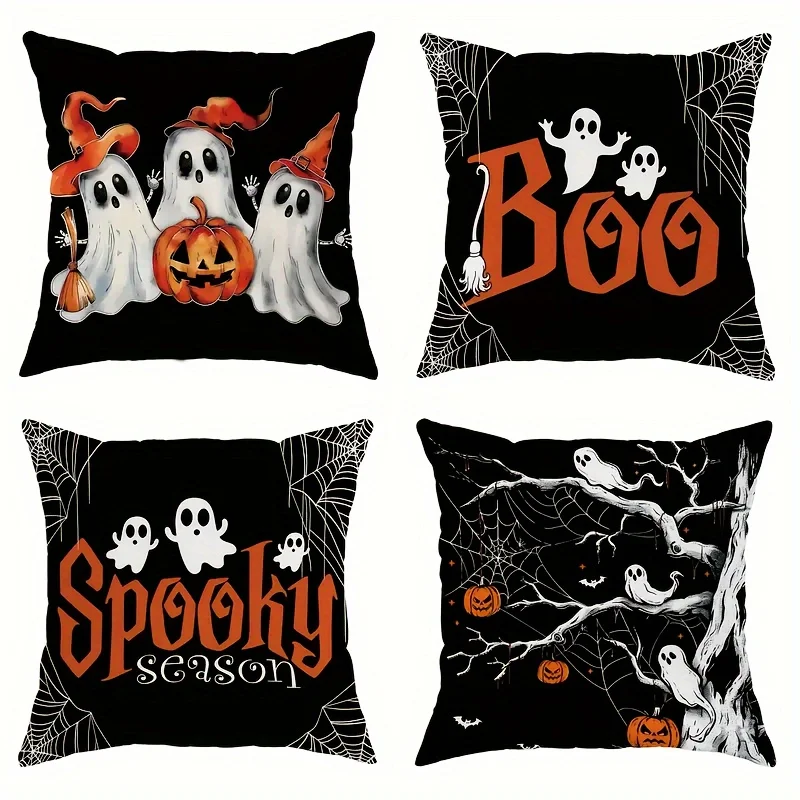 4pcs Set Halloween Decorative Pillowcase 18X18 Inches Single-Sided Printing with Scary Pumpkin Witch and Dead Tree Pattern