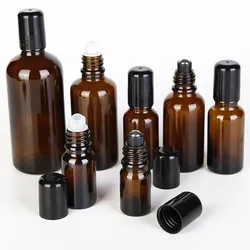 5/10/15/30/50/100ml Amber Thick Glass Roll On Essential Oil Empty Perfume Bottle Roller With Stainless Steel Ball Refillable