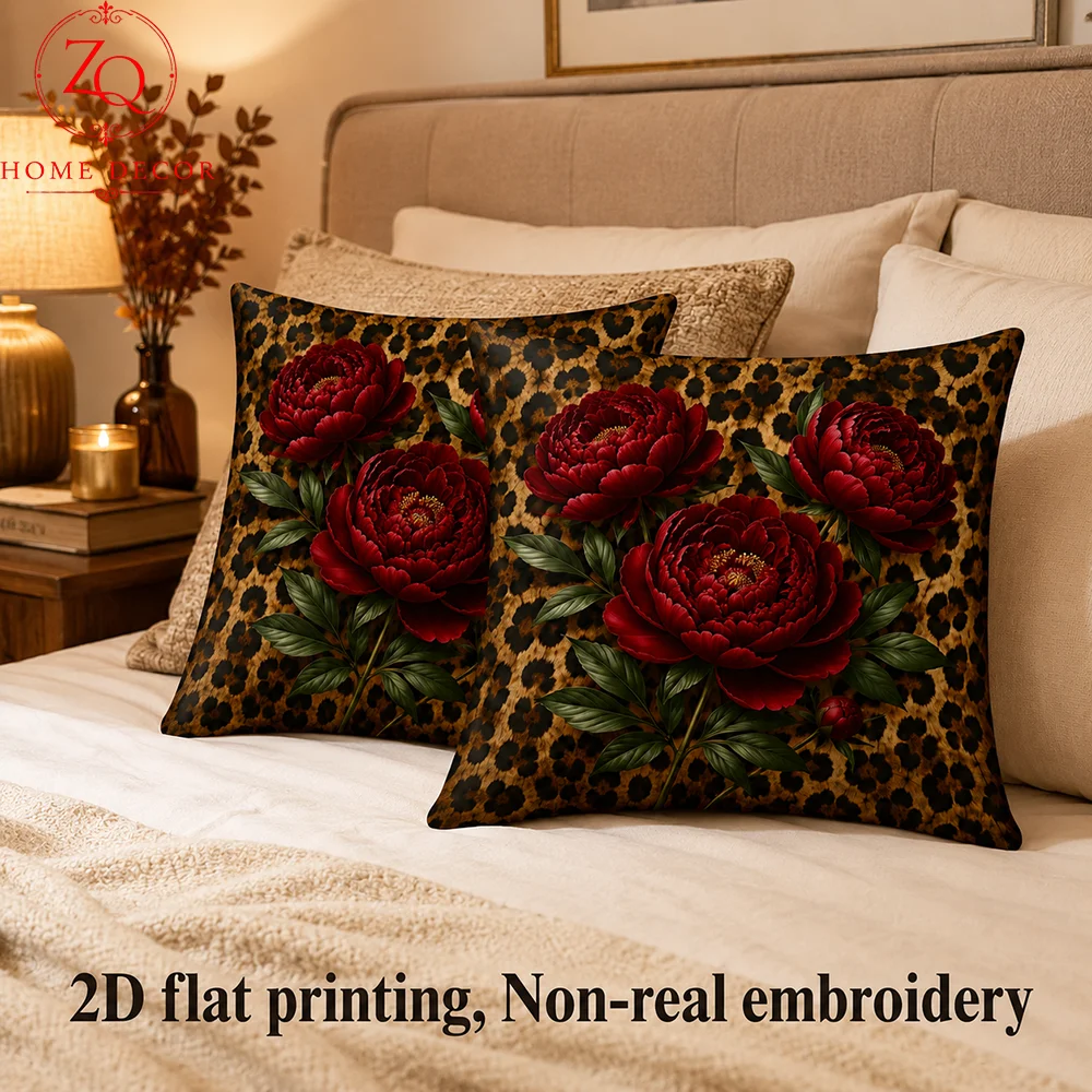 Leopard Floral Cushion Cover Peach Skin 2D Flat Printed Pillowcase Red Peony Throw Pillow Case Decor For Sofa Couch Living Room