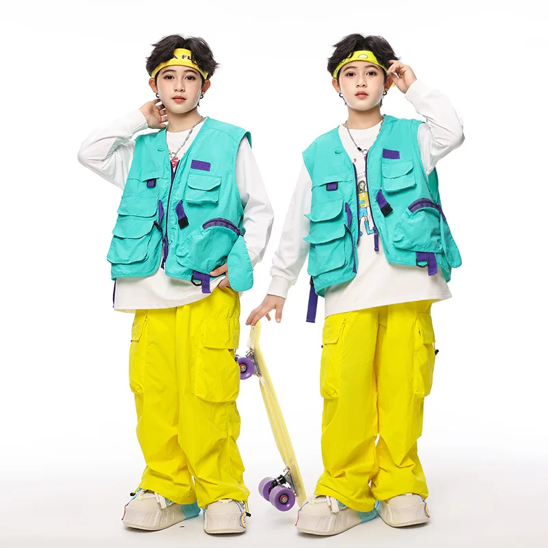 

Kid Hip Hop Clothing Blue Sleeveless Jacket Vest Top Yellow Casual Wide Cargo Pants for Girl Boy Jazz Dance Wear Costume Clothes