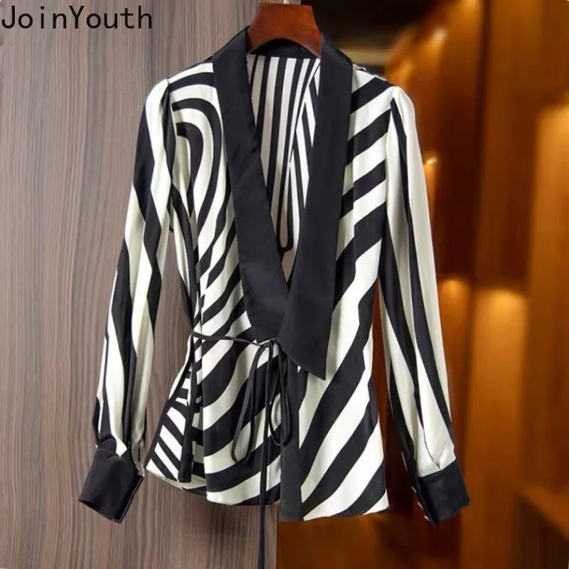 Korean Blouse Women 2024 Camisas De Mujer Long Sleeve Bandage Shirts Fashion Summer Vintage Tunic Striped Blouses Tops Female