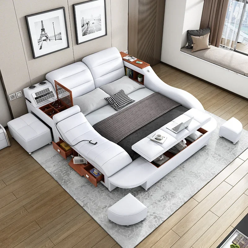 Bedroom Luxury Double Bed 2m Storage Functional Bed King Size Smart Furniture Queens Size Leather Bed