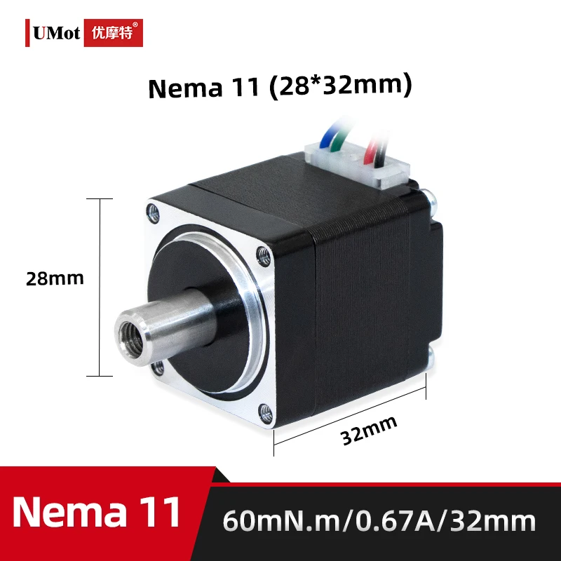 

UMOT 60mN.m Fuselage Length 32mm Step Angle 1.8° Current 0.67A 4-Wire Mini NEMA11 Double Hollow Output Shaft Micro Stepper Motor