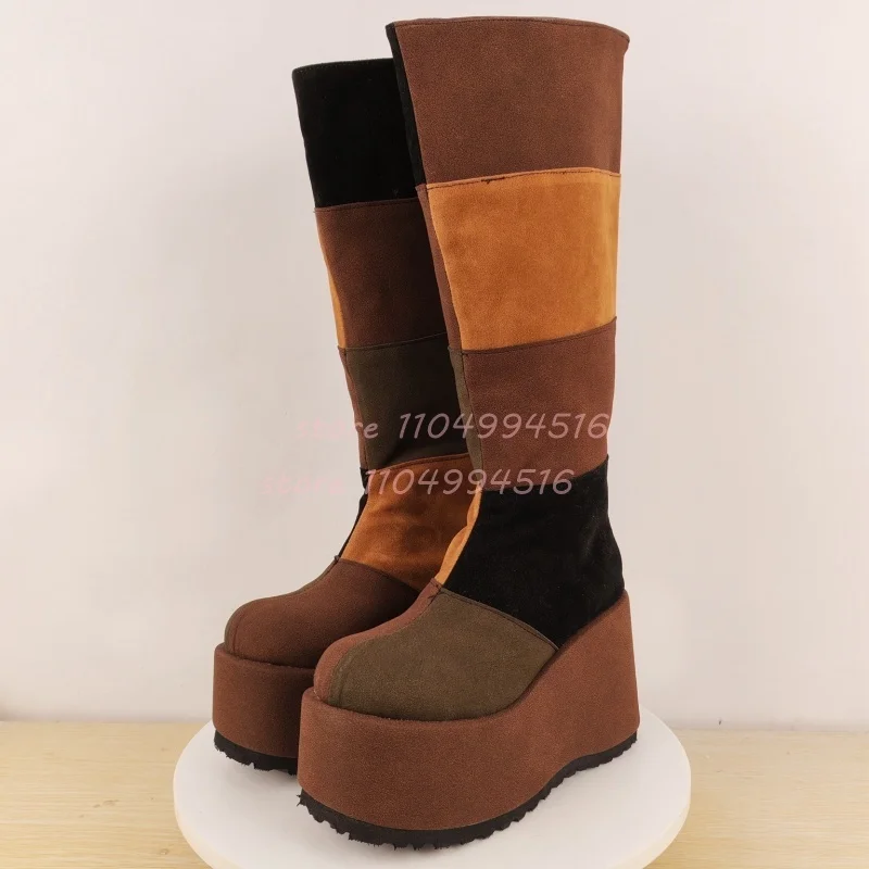 

Brown Suede Mixed Colors Platform Long Boots Women Back Zipper Platform Knee High Boots Retro Fashion Party Ladies Winter Shoes