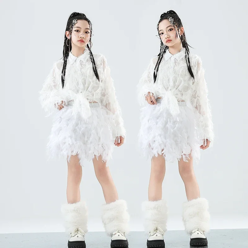 힙합 소녀 k-pop 스팽글 자르기 탑 스트리트 댄스 깃털 스커트 어린이 streetwear 스커트 어린이 재즈 의상 의류 세트