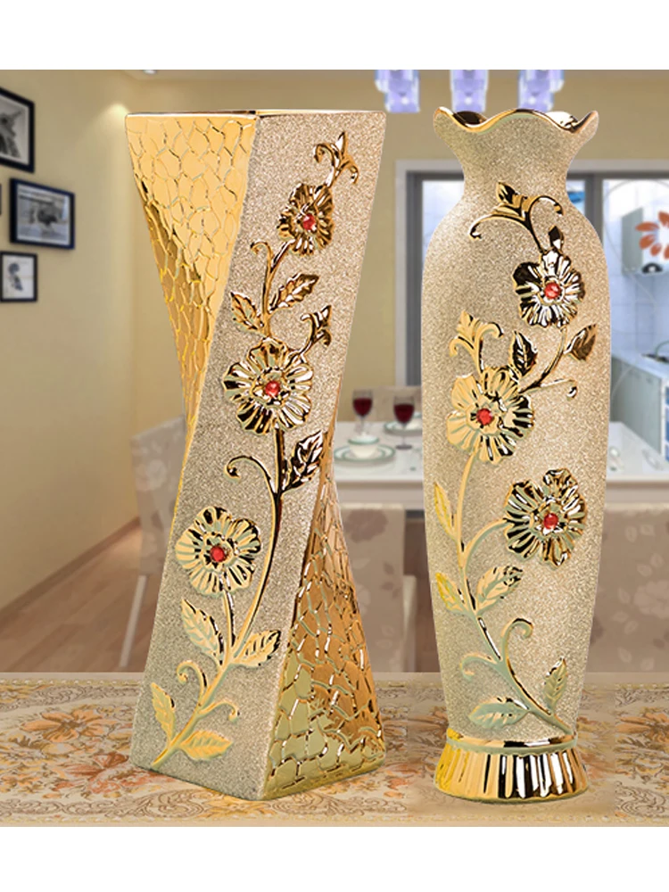 

48cm Cerc Floor Vase Golden Can Be Filled with Water European Sle Large Vase Modern Living Room Decorative Flower Pot