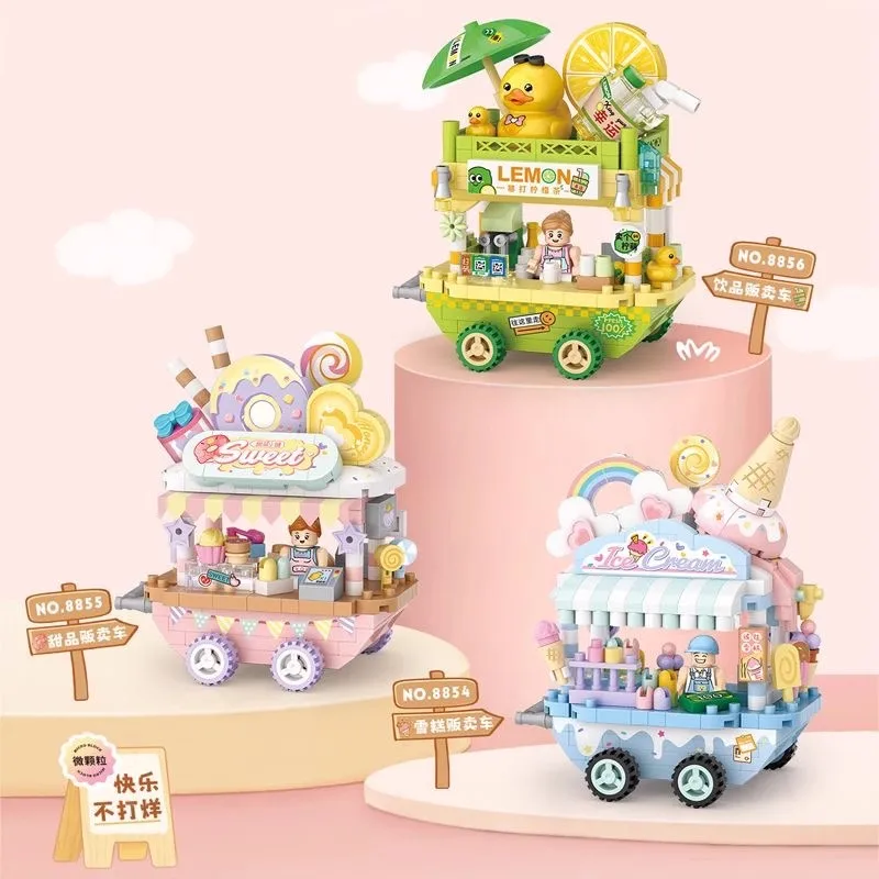 LOZ-bloques de carrito con soporte para adultos, serie City Street view, 300 Uds. + camión de comida, tienda de frutas/helado, juguetes de aprendizaje para montar, 8855