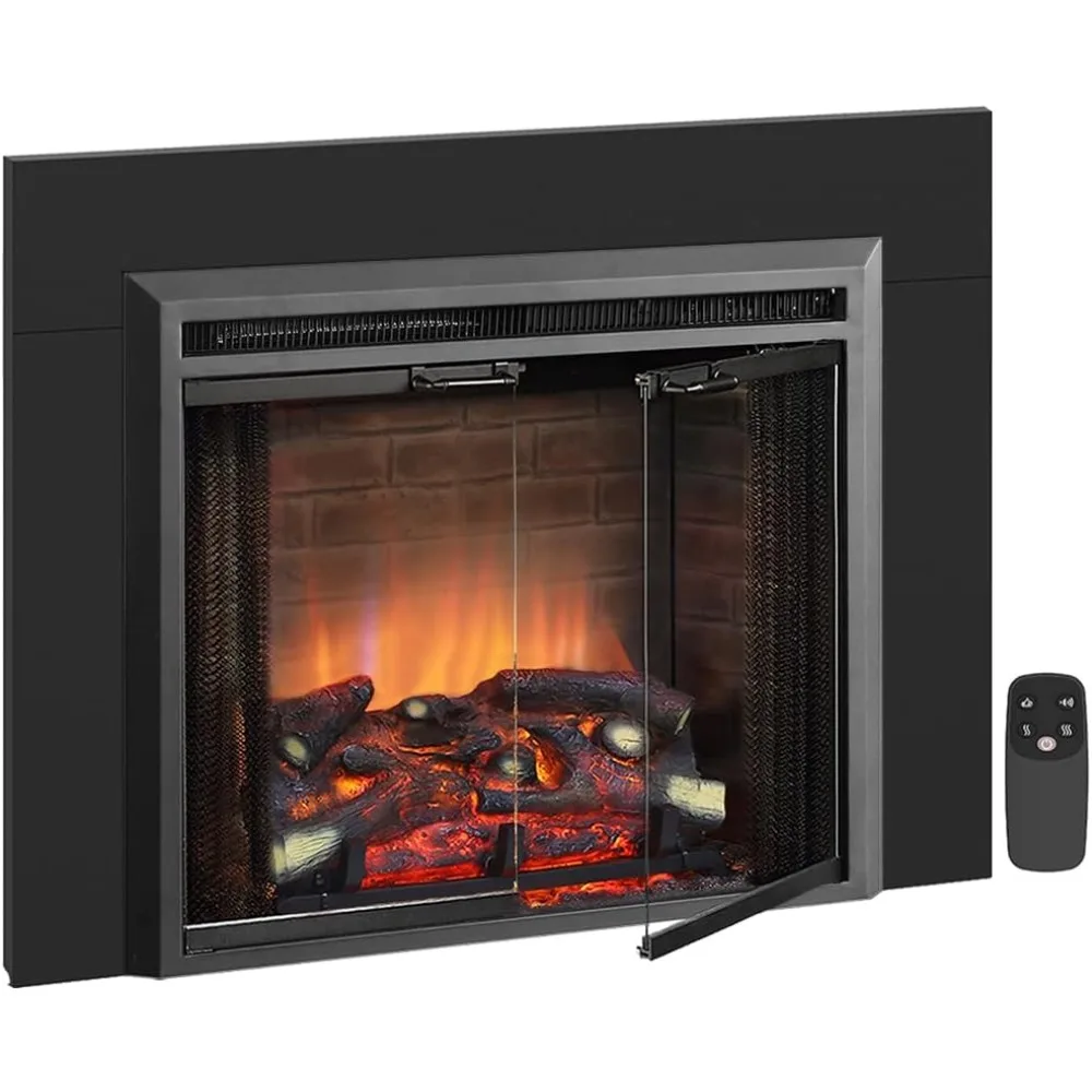 Klaus 26” Electric Fireplace Insert with Trim Kit, Fire Crackling Sound, Resin Log, Glass Door and Mesh Screen, 750/15