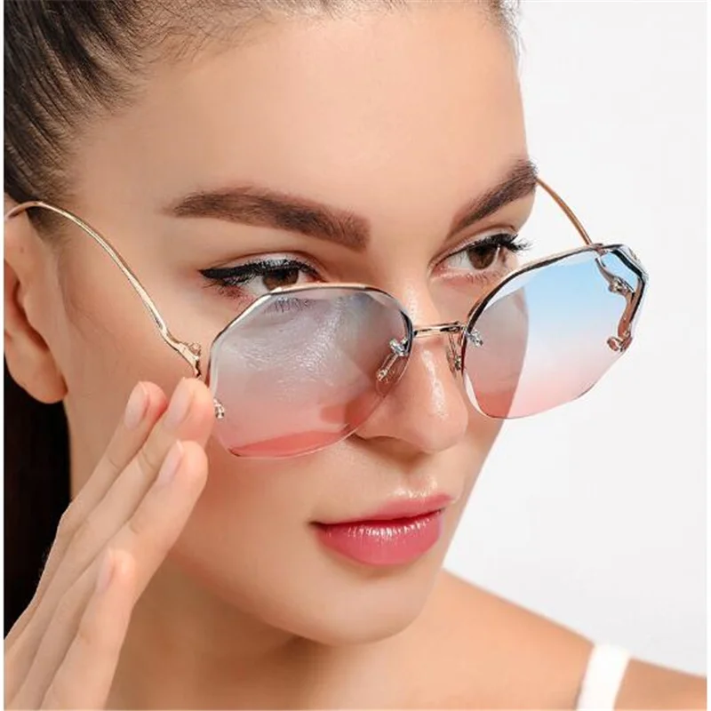 Fashionable women's sunglasses, metal frame, polygonal luxury glasses, ocean color changing glasses, UV400