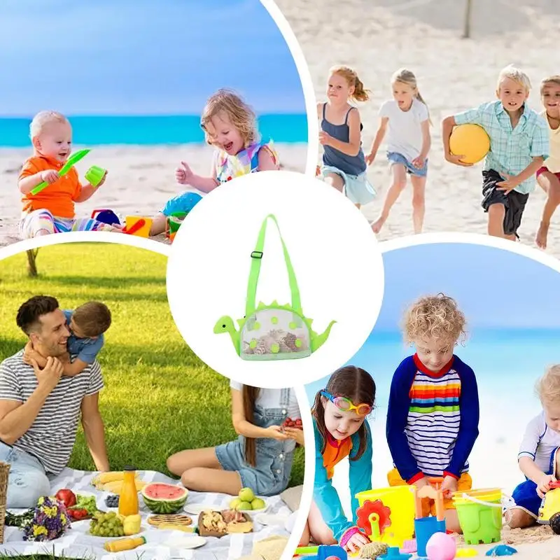 حقيبة جمع الصدف حقيبة شاطئ شبكية على شكل ديناصور لطيف مع حزام كتف قابل للتعديل أدوات قصف الأمتعة ومعدات السفر