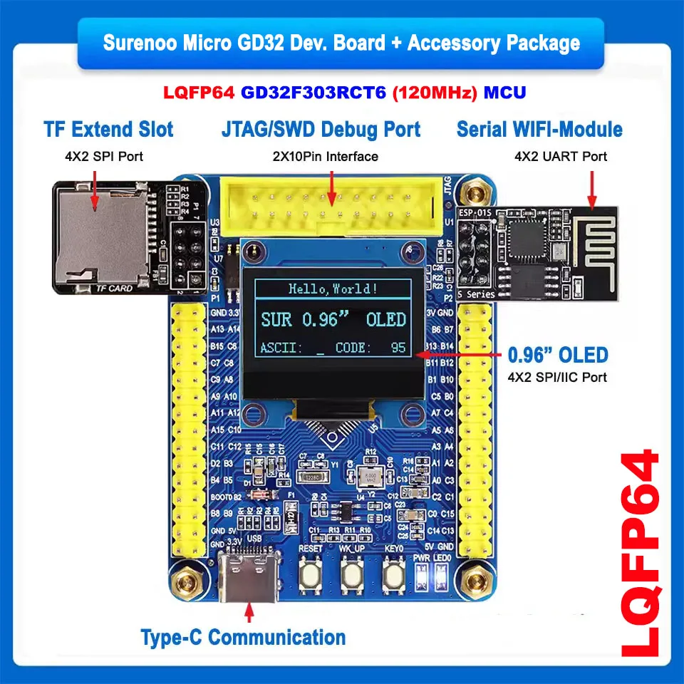 Surenoo Micro GD32 GD32F303RCT6 STM32F103RCT6 LQFP64 Development Board, 0.96" 12864 OLED, TF Extend Slot, Serial WIFI Module