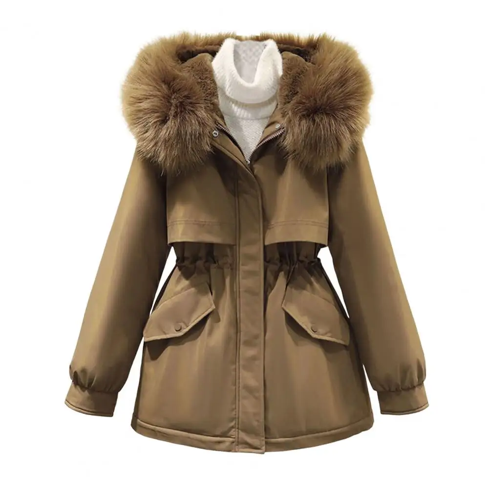 Women Jacket Plush Furry Hooded Cardigan Jacket with Elastic Waist Zipper Closure Windproof Coat