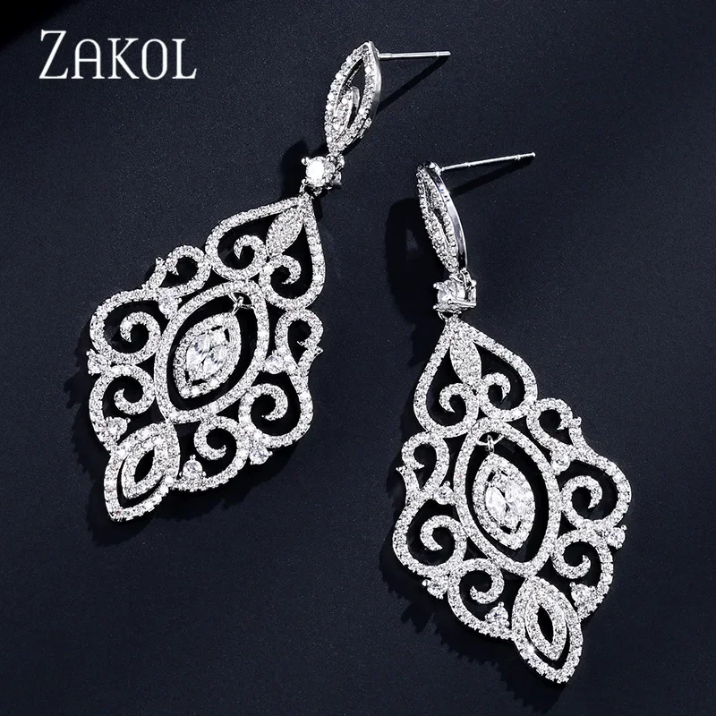 ZAKOL Luxury Leaf  Full Micro Paved Cubic Zirconia Big Drop Earrings Fashion Wedding Party Jewelry for Women FSEP2186