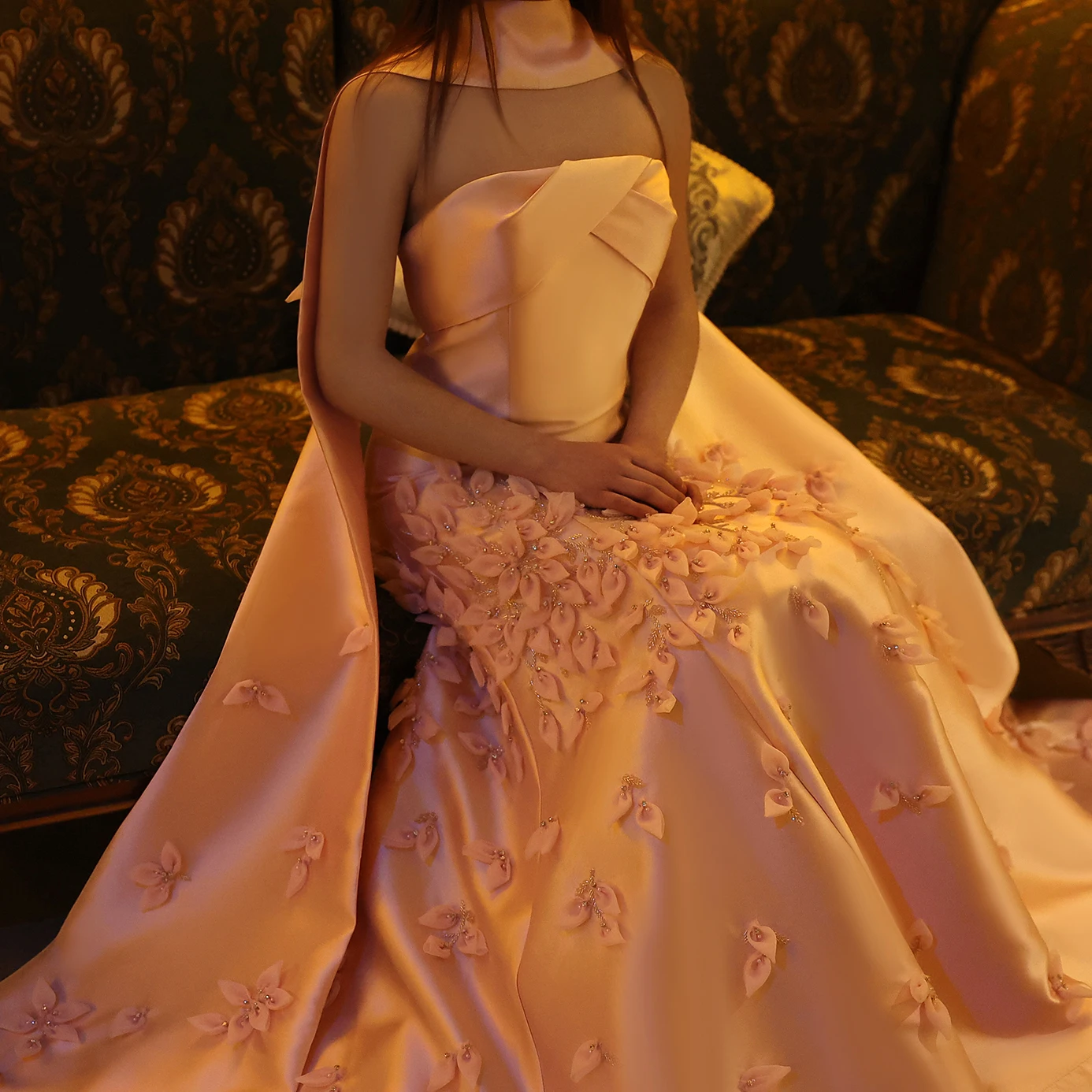 Sharon Said Luxury 3D Leaves Blush Pink Satin Mermaid Evening Dress with Cape Dubai Women Wedding Party Gowns SS463 Customized