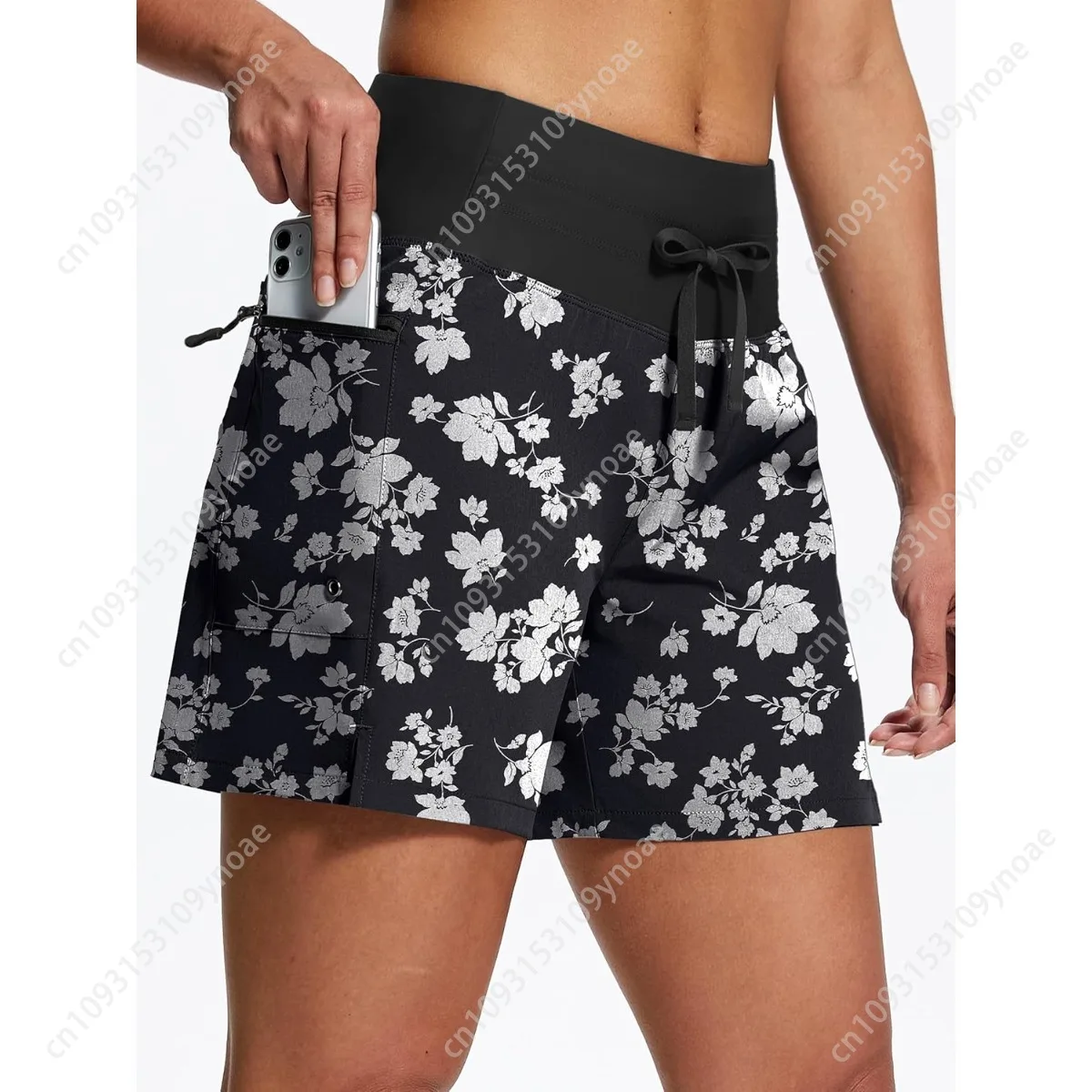 Vintage floral impressão feminina secagem rápida surf shorts sólido estiramento nadar scans retro maiô calcinha com bolsos moda