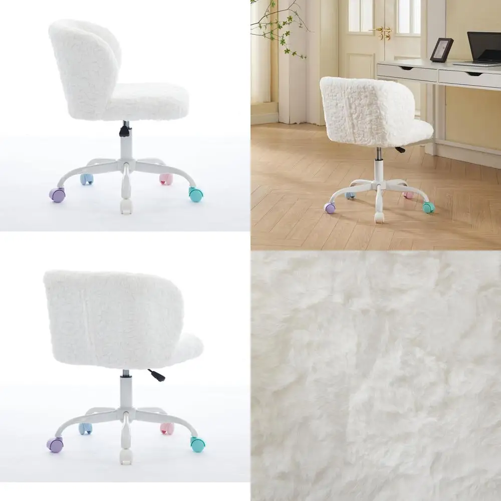 

Вращающееся офисное кресло цвета слоновой кости с регулировкой, металлическим основанием и обивкой из искусственного кроличьего меха