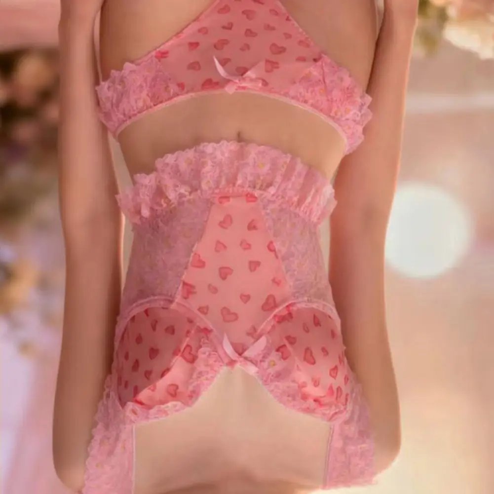 

Elastic Mesh Bow Strap Pink Lace Satin Women Pajamas Set Sexy Crop Top Thong Set Cute Girls Three-point Style Lace Sleepwear