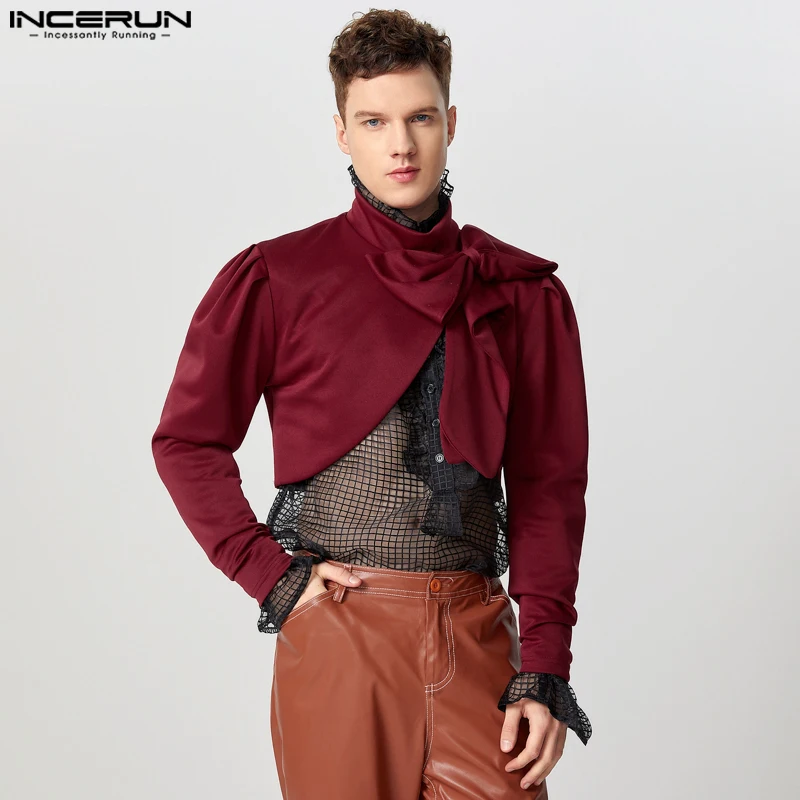 INCERUN Fashion New Men's Tops Bow Design Cropped T-shirts Sexy Casual Male Solid All-match Half High Neck Long Sleeved Camiseta