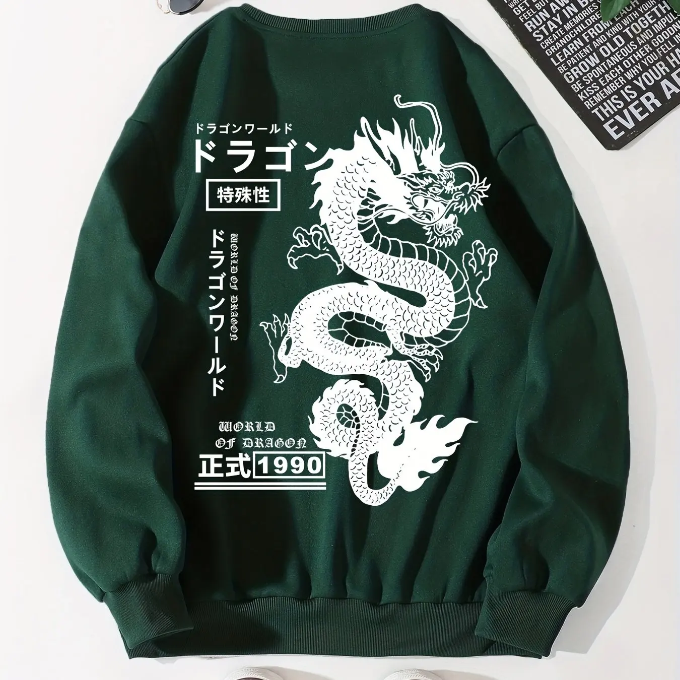 Pullover Sweatshirt For Men Japanese Characters Chinese Dragon Graphic T-Shirt Long Sleeve Oversized Pullover Casual Sweatshirts