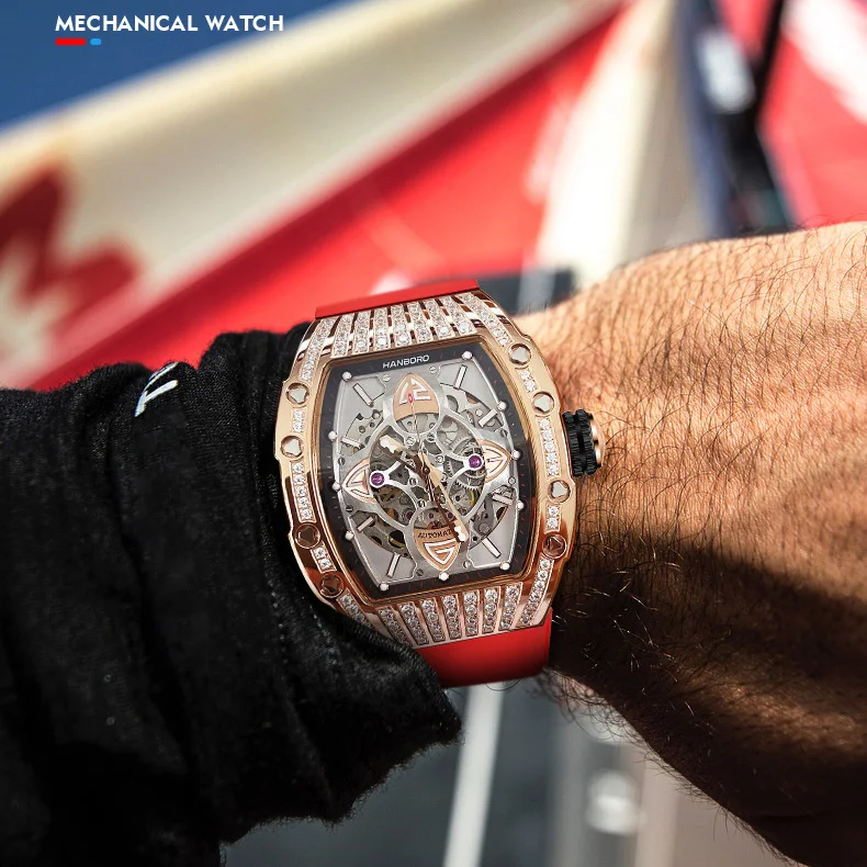 هانبورو رجالي ساعات أوتوماتيكية ساعة فاخرة ساعة اليد الميكانيكية مقاوم للماء مضيئة الهيكل العظمي الهاتفي المطاط حزام تونيو
