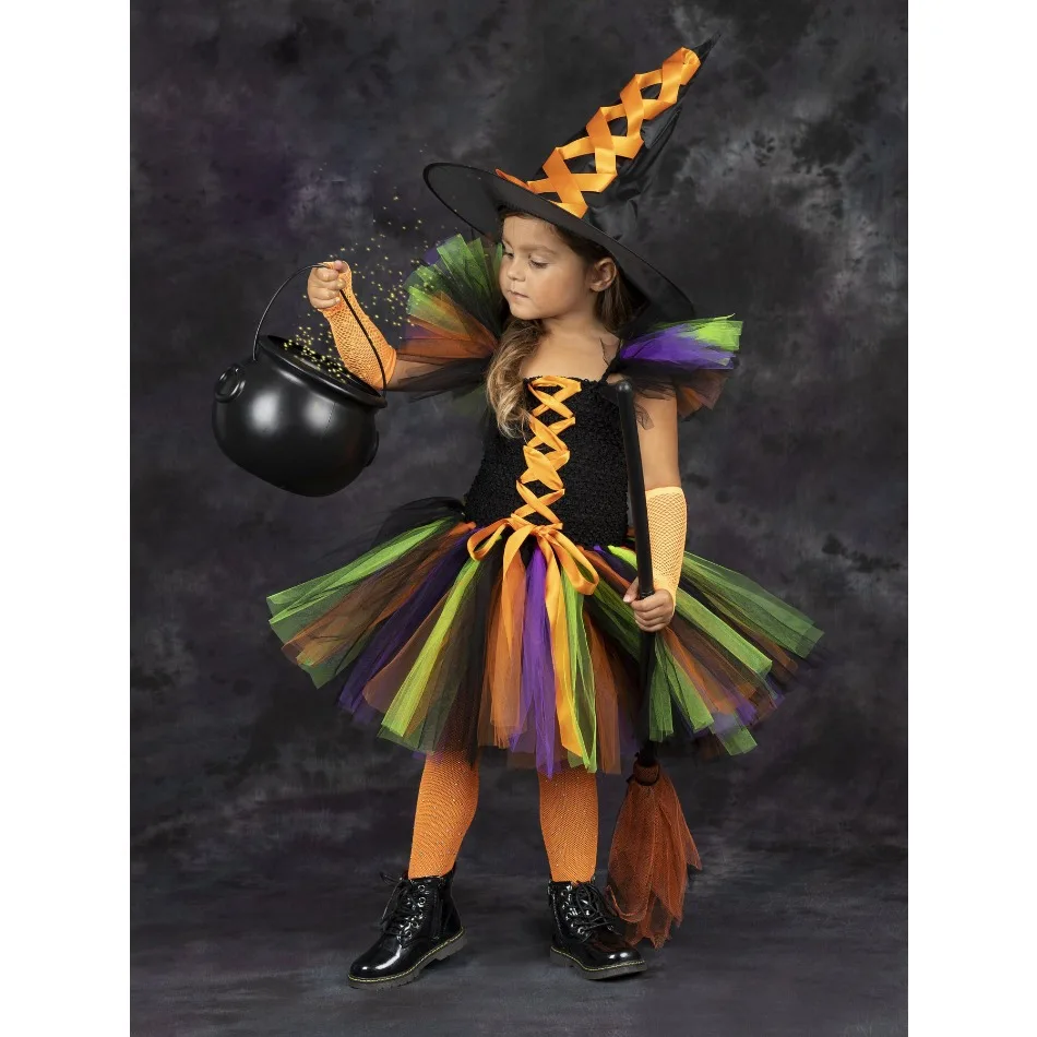 Halloween Malefice Costume for Kids Carnival Party Clothes Set Witch Evil Queen Cosplay Costume for Girls Fancy Tulle Tutu Dress