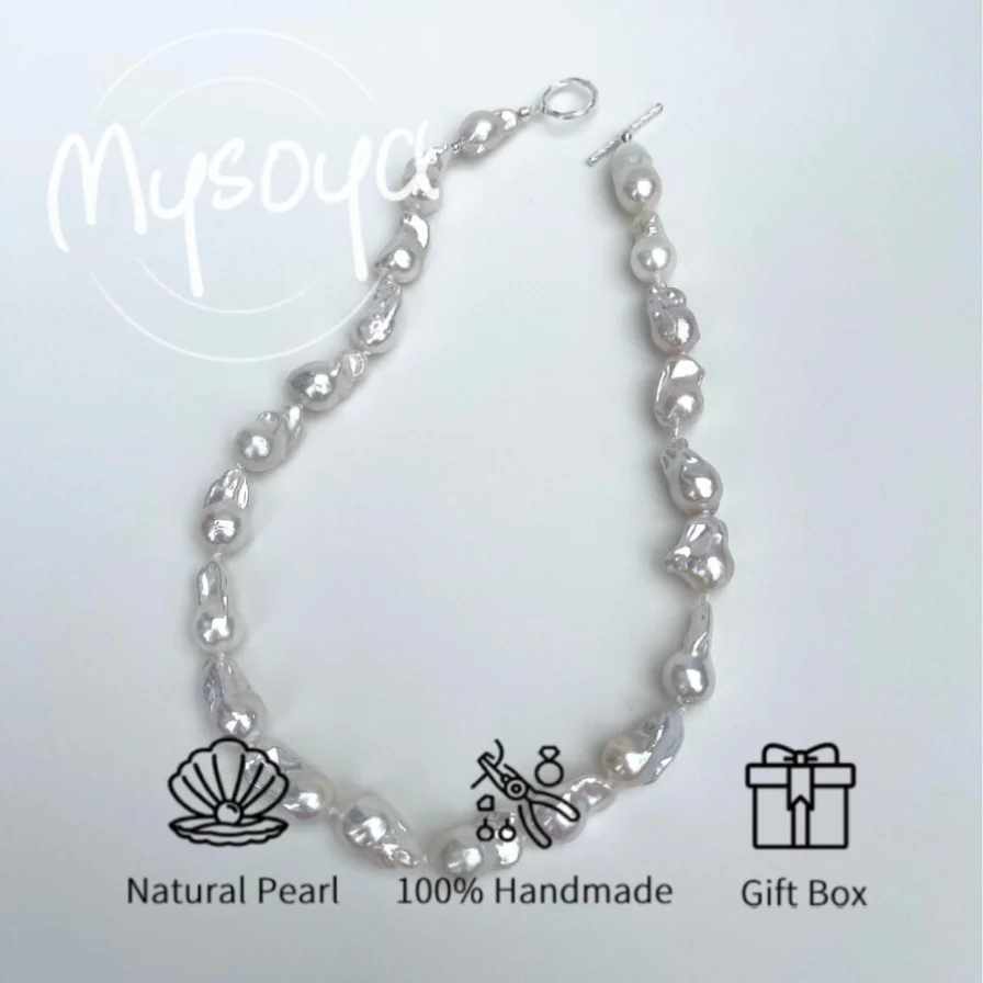

MYSOYA 14-17mm White Baroque Pearl Necklace For Women And Men With Gift Box Perfect Gift For Wedding Birthday Christmas New Year