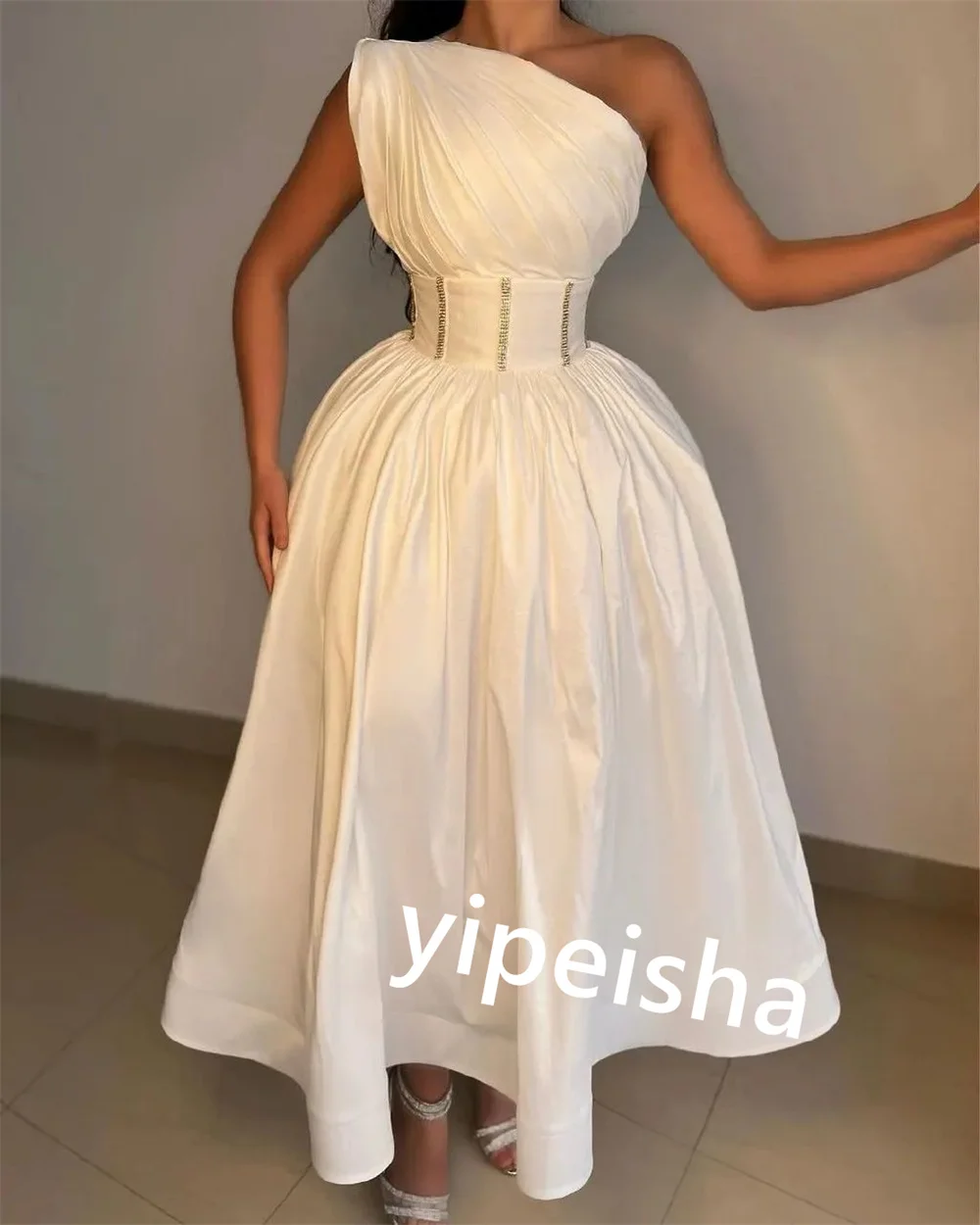 Vestido midi personalizado com faixa de jérsei para aniversário, linha A, um ombro, sob medida