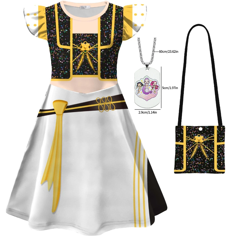 

KPop Demon Hunters Huntrix Kids Anime Cosplay Costume Flying Sleeve Princess Dress Girls Necklace Halloween Party Dress Up