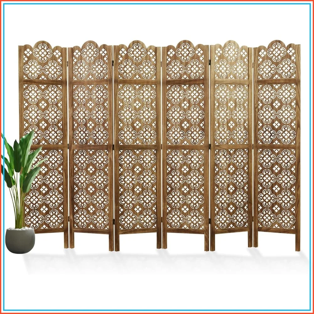 6 Panel Wood Folding Room Divider Privacy Screen, 68.9in Free Standing Partition, Dark Brown