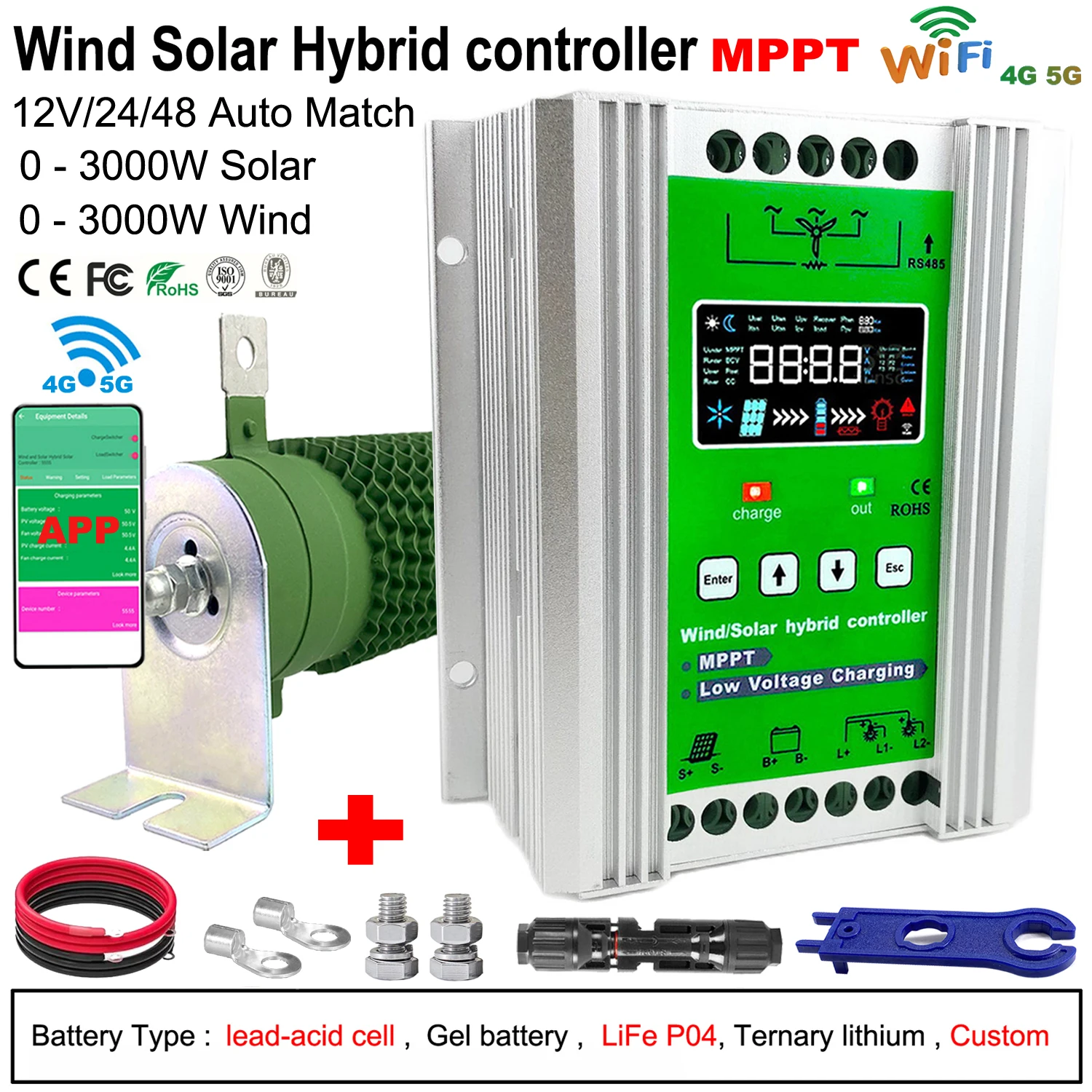 WIFI 4000W Wind Solar Hybrid Charge Controller with Equalizer 12V 24V 48V AUTO, MPPT for Solar and Wind for Lithium Lead Battery