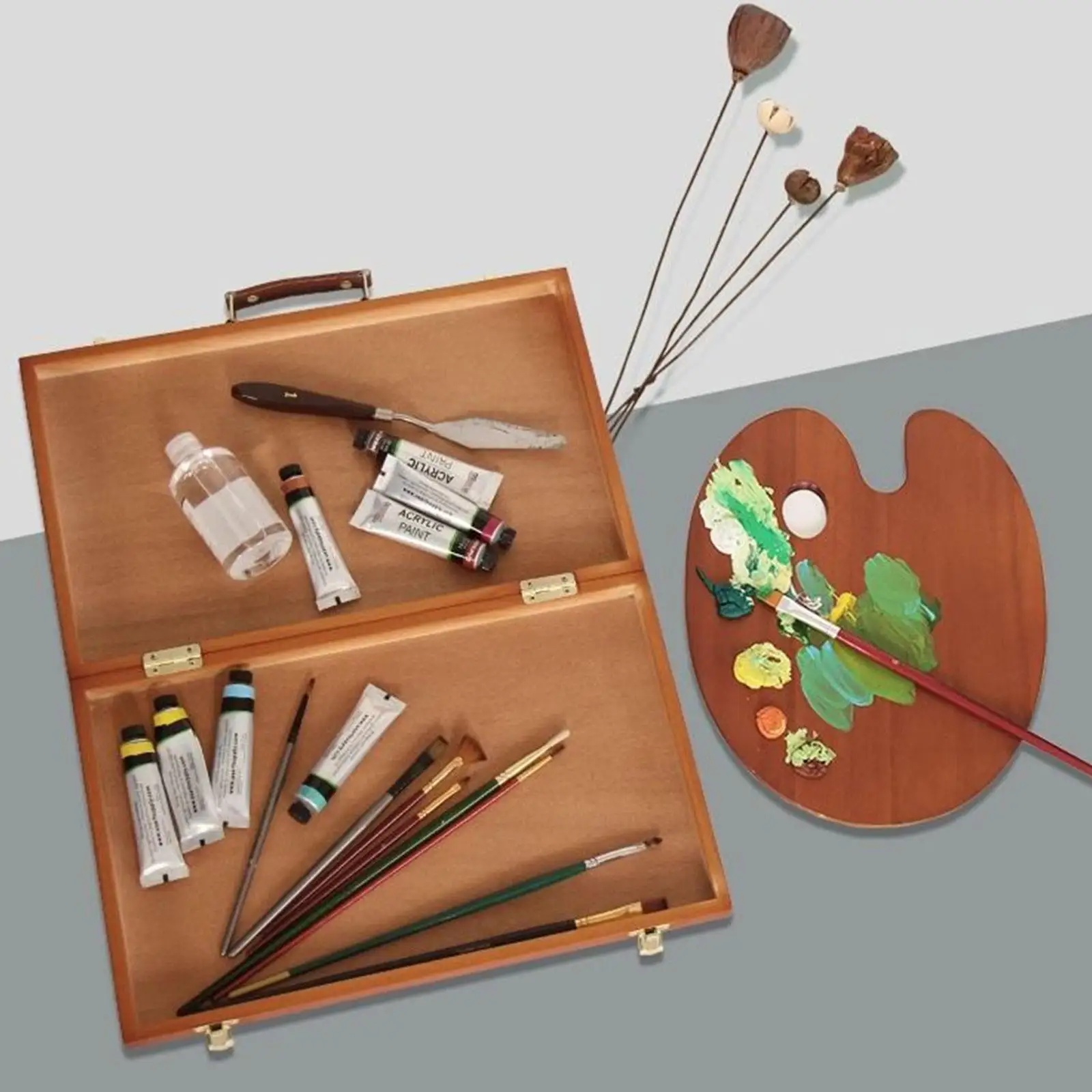 Portable Wooden Artist Supply Box Container for Paint Brushes Pastel Markers