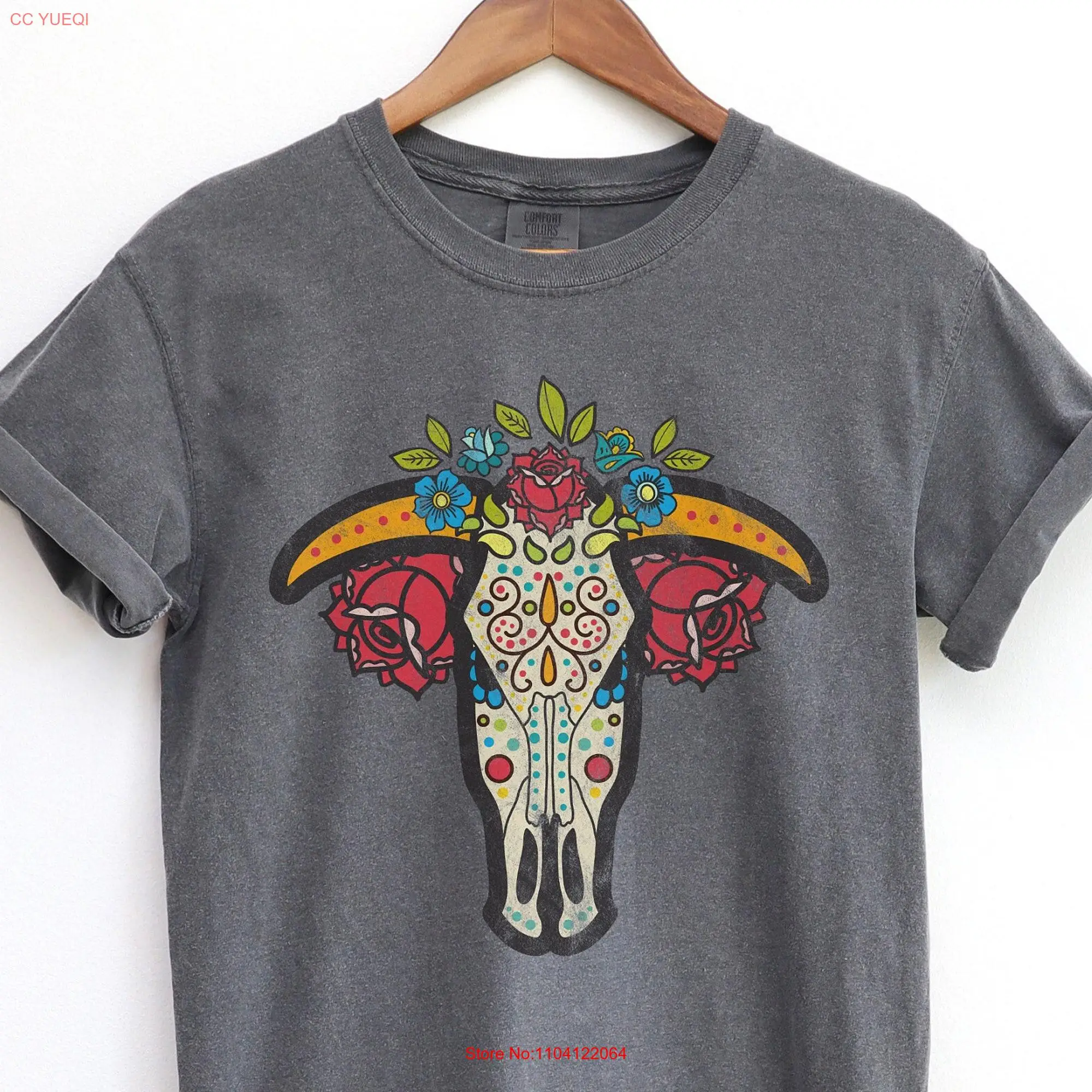 Western T Shirt Cow Skull Bull Cowgirl Floral Wild West Retro Vintage long or short sleeves