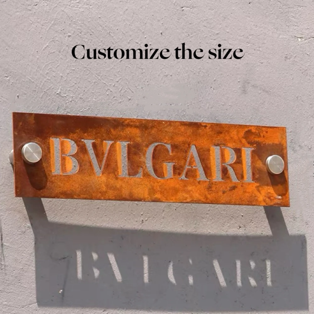 Modern Corten Steel Door Sign with Customized Laser Cut Logo Letters Numbers, Waterproof Mounting Screws Plaque for Outdoor Use