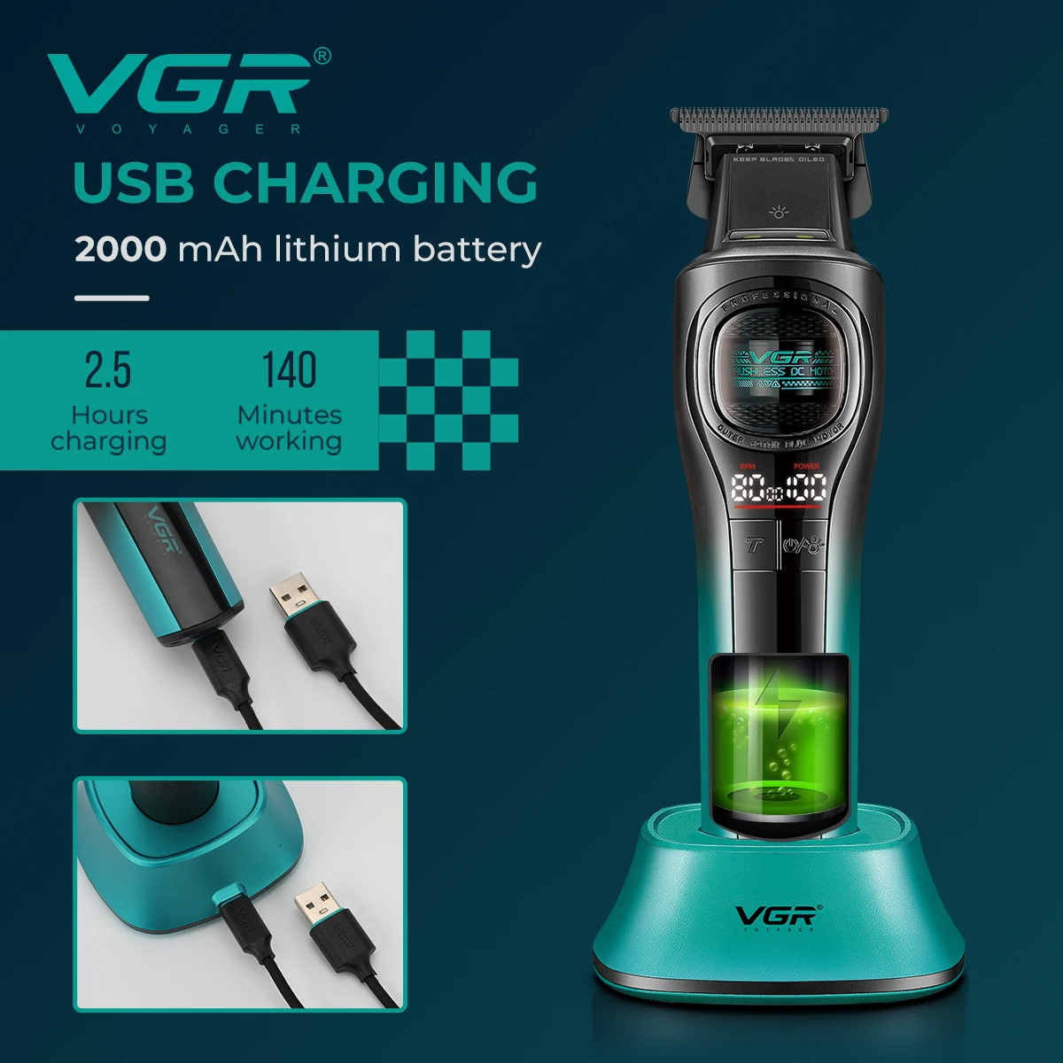 VGR V-888T Professional Electric Hair Clipper with 8000 RPM, Men's High End Hair Trimmer with Base, Electric Push Clipper for Ha