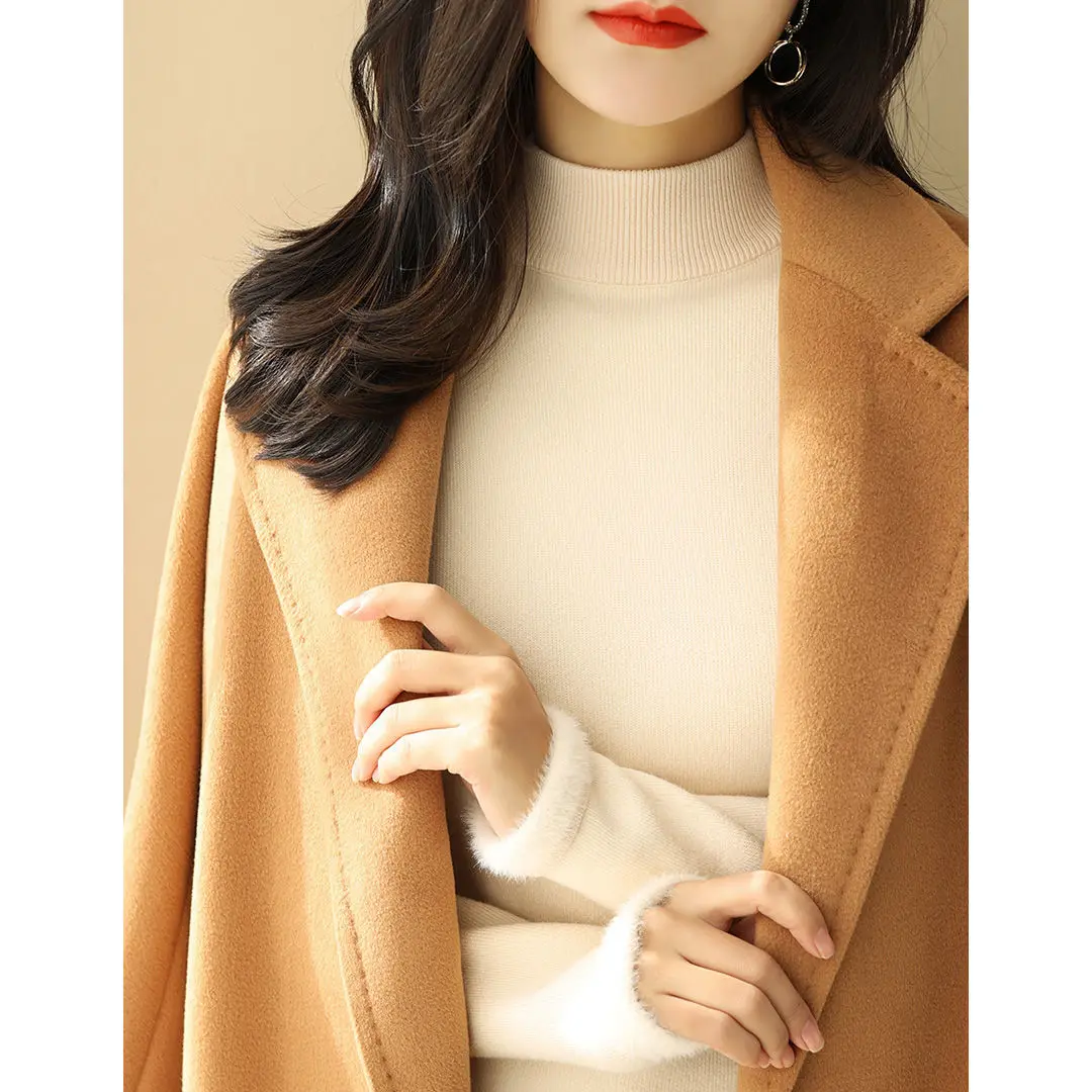 2023 Autumn Winter Fashion Women Sweater Half High Neck One Piece Plush Thicken Warm Sweater Stripe Casual Fit Bottom Sweater