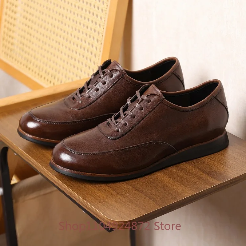 Retro Handmade Washed Horse Leather Men Shoes Business Casual Genuine Leather Lace-up Walking Dress Oxford Shoes Male