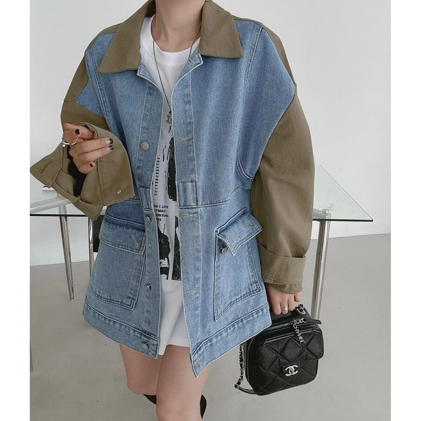 

Versatile Color Block Denim Jacket Korean Style Spring Autumn Winter Women's Fashion Outerwear Casual Street Style
