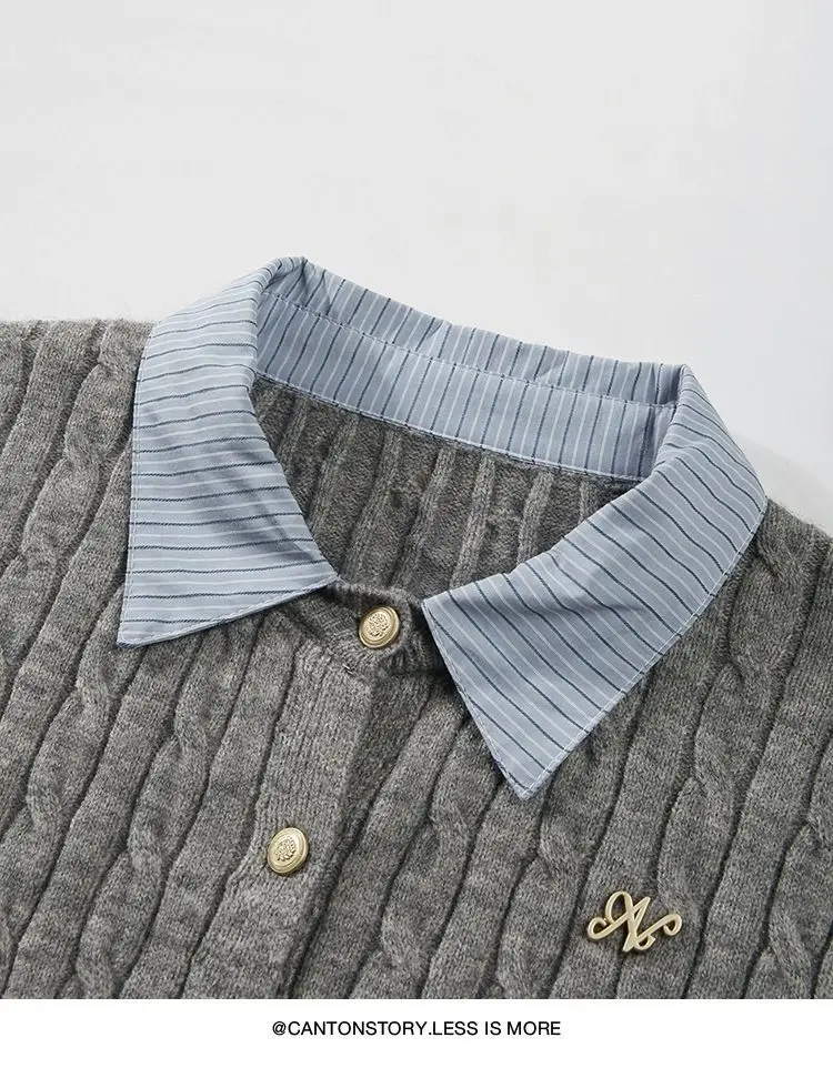 Grey Fake Two-Piece Spliced Polo Collar Long Sleeved Knitted Sweater for Women Autumn Winter College Style Short Outwear Top