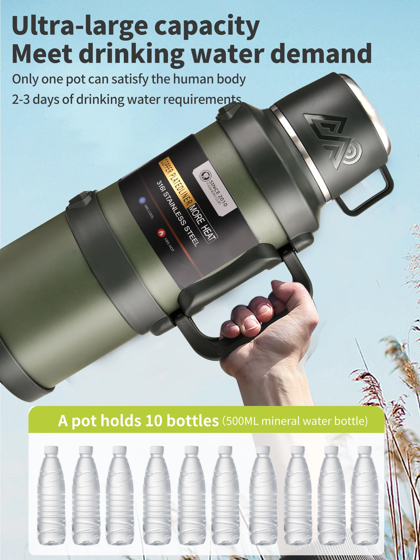 1 PC Large thermos -1.7L/2.0L/2.5L stainless steel thermos, suitable for travel, camping -2.5 liters super large vacuum insulati