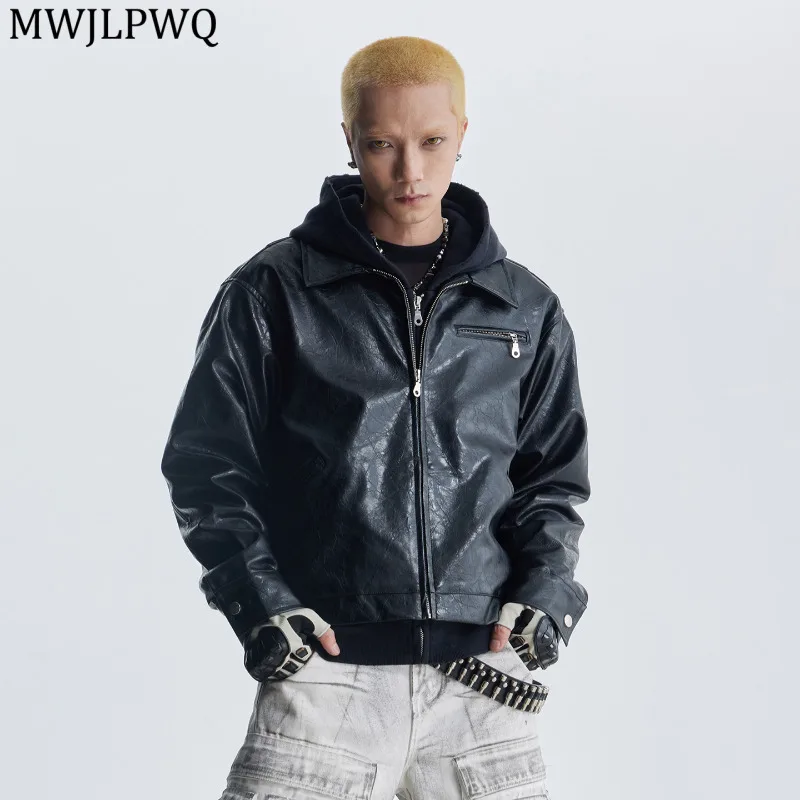 

MWJLPWQ Ink Print Textured Design Lapel Leather Jacket Men's High Street Long Sleeve Autumn 2025 Loose Short Zipper Coat 11645