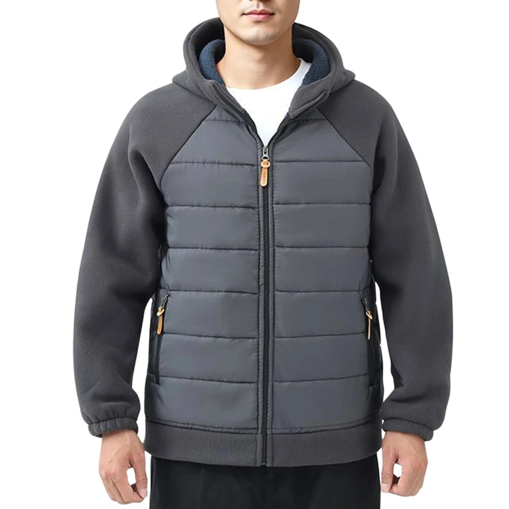 For Cold Weather Winter Splicing Parka Men Fleece Jacket For Autumn Winter Season Black Men Fleece Splicing Hooded