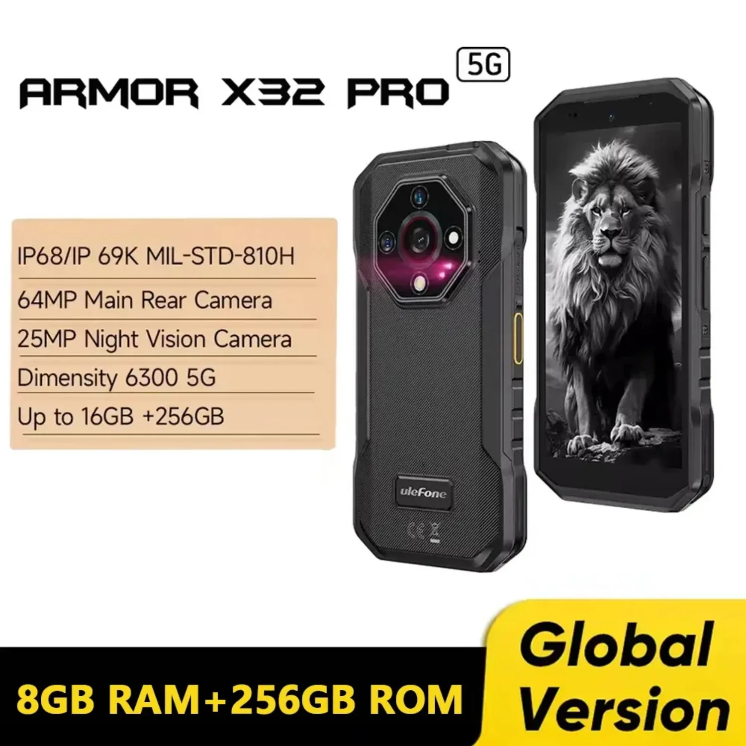 Прочный телефон Ulefone Armor X32 Pro 5G, 8 ГБ, 256 ГБ, 5,65 дюйма, Android 14 MediaTek Dimensity 6300, восьмиядерный смартфон ночного видения NFC
