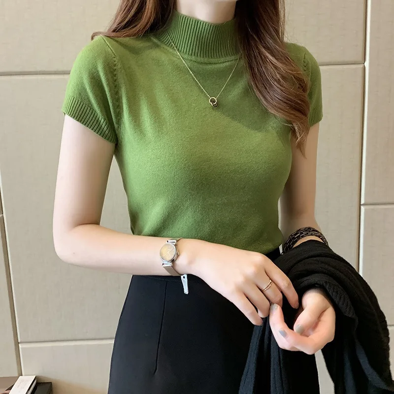 Boring Honey Summer Clothes For Women Base Shirt Knitted Top Mock Neck Slim Basic Short Sleeves Pure Colours Thin Women's Tshirt