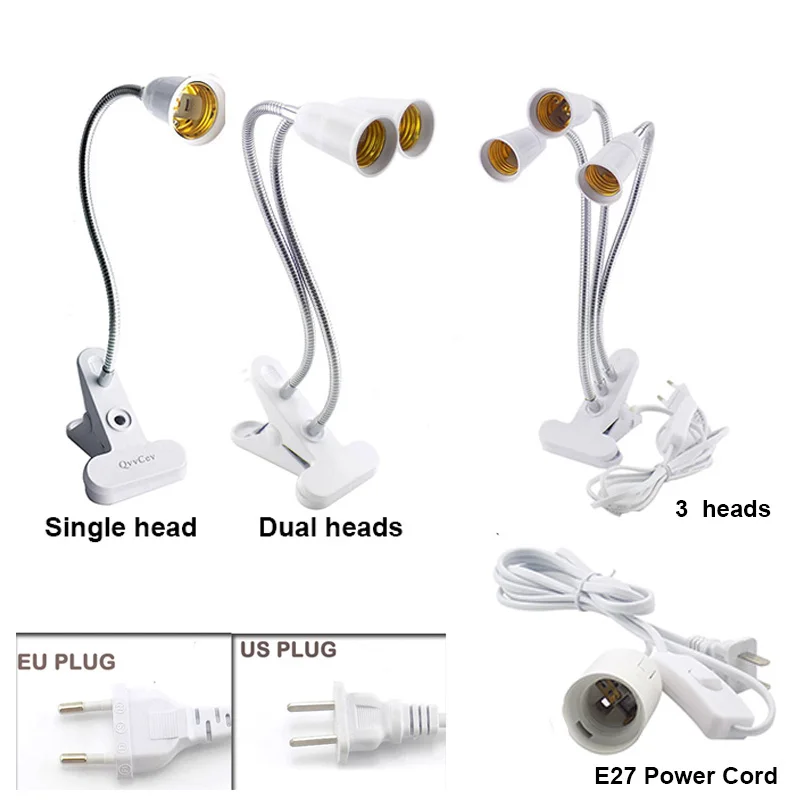 E27 Socket Flexible LED Lamp Bulbs Base Single/Dual/3 Heads Clip Holder AC Power Cable With On/Off Switch for Plant Grow Light