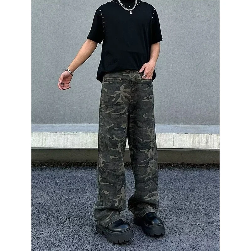 Men Camouflage Trend Vintage Cargo Pants Spring Autumn Baggy Straight Multiple Pockets Jeans Male High Waist Wide Leg Trousers