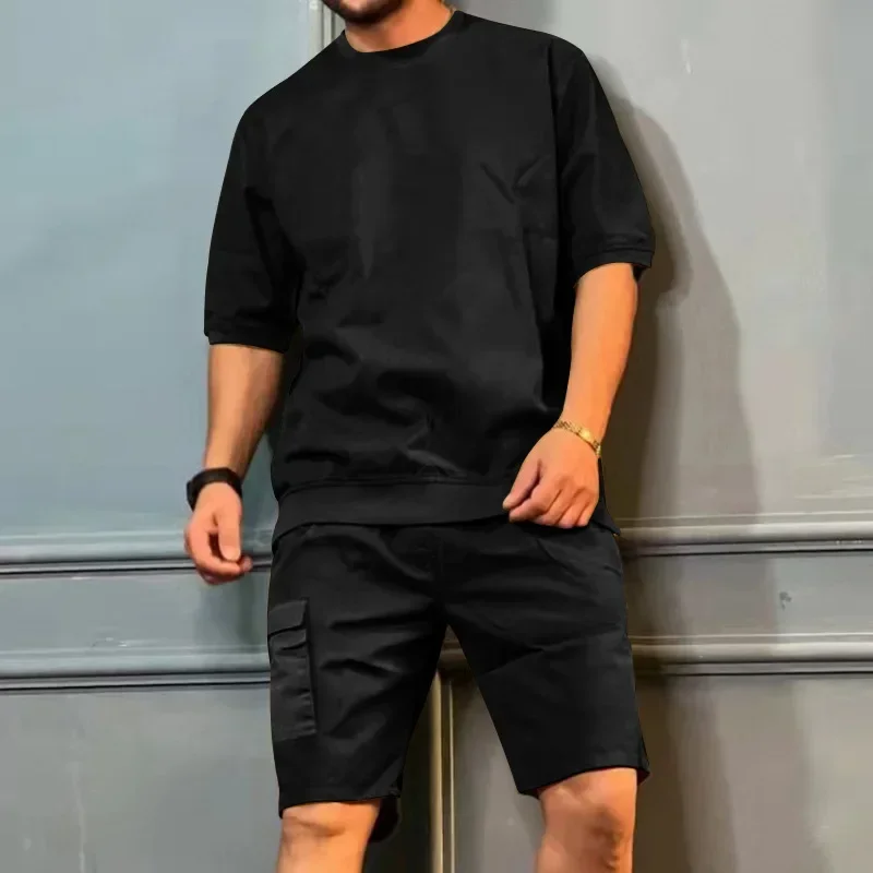 Summertime Men's Sports Suit Tooling Casual Multiple Bags Five Cent Shorts Casual Beach Round Neck T Shirt Two-piece Men's Suit