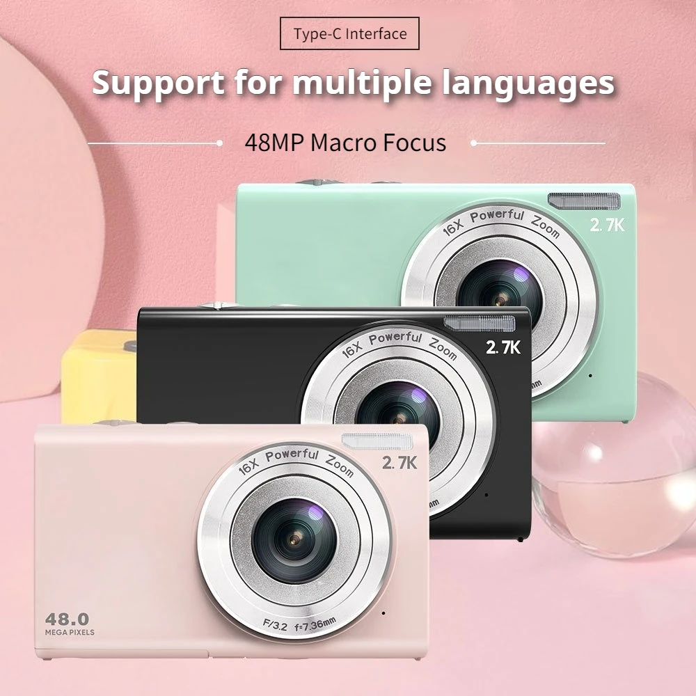 

4K Portable Digital Camera Max 48MP with 2.88 Inch IPS Screen 16x Digital Zoom Compact Camera Mini CCD Cameras for Student Gifts