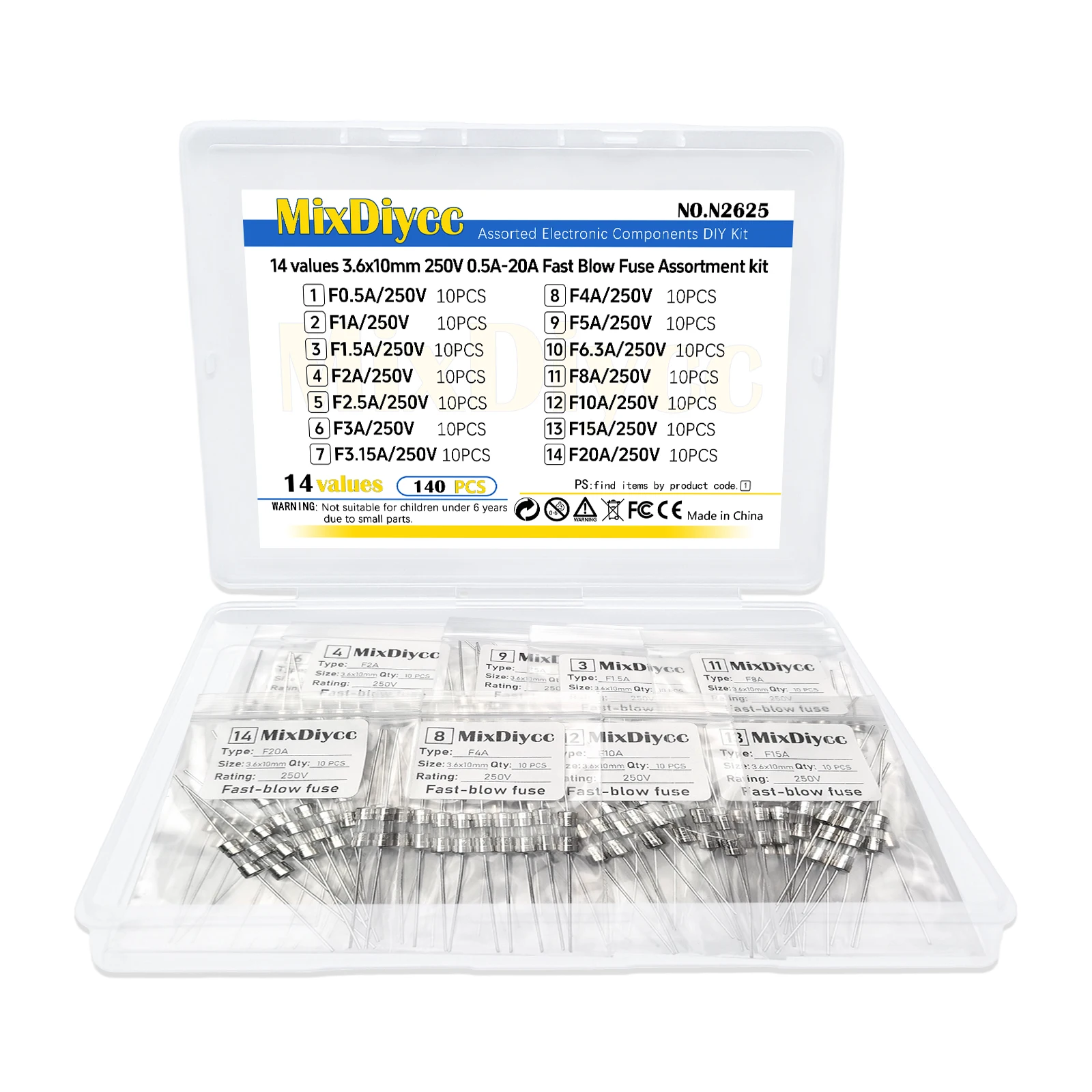 14 Values 3.6*10mm 250V Fast Blow Glass Fuse Kit F 0.5A/1A/1.5A/2A/2.5A/3A/3.15A/4A/5A/6.3A/8A/10A/15A/20A Total 140 Pcs