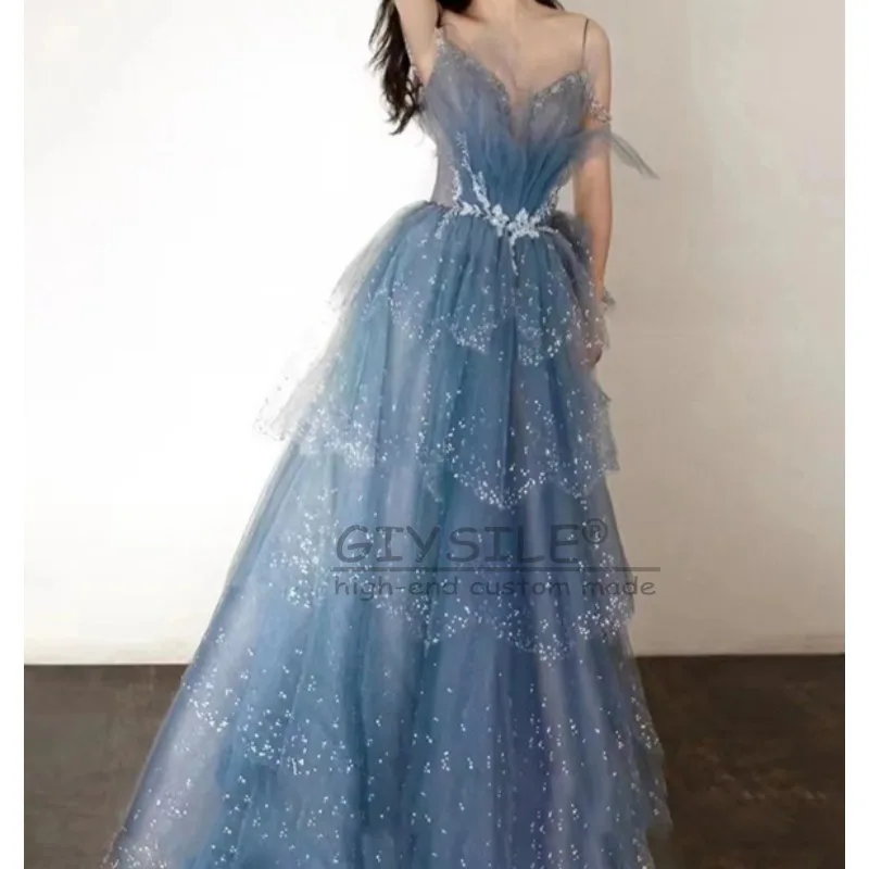 

GIYSILE Customized Blue Suspender Evening Dress 2025 new fashion Pleated Princess A-line Dress Luxury Party Dress Fine flash