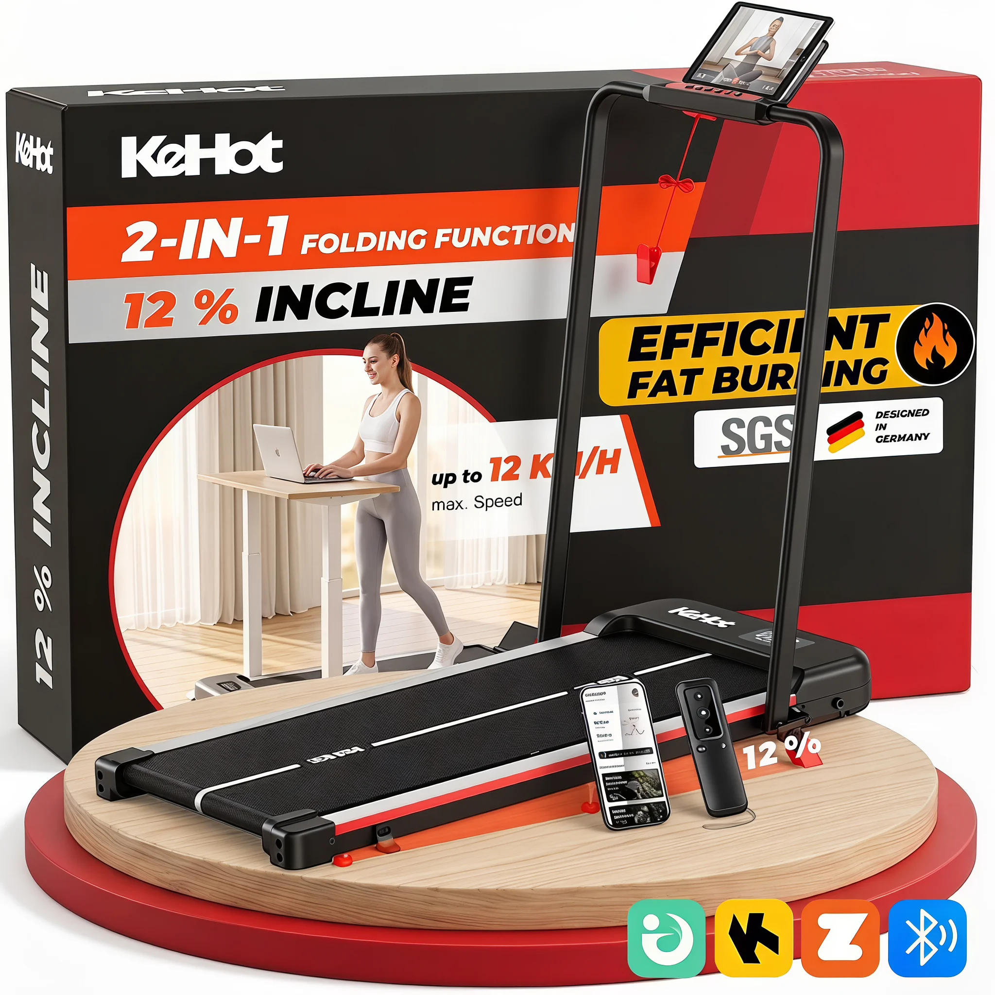 Tapis de course pliable KeHot 2 en 1, machine de course et de marche 1-12 km/h, capacité 150 kg, écran LED, application EQISport, inclinaison manuelle, tapis de fitness compact pour la maison